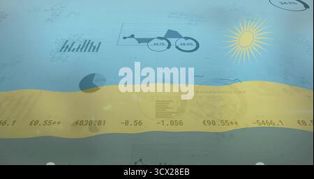 Displaying dashboard over split pale blue and yellow background with data visuals and sun icon Stock Photo