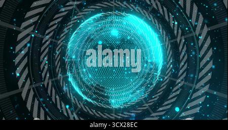 Rotating holographic globe within digital space, streaming binary code and glowing segmented rings Stock Photo