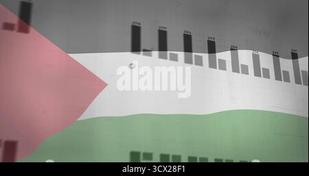 Overlaying Palestine flag with bar chart showing numbers and reflection on plain backdrop Stock Photo