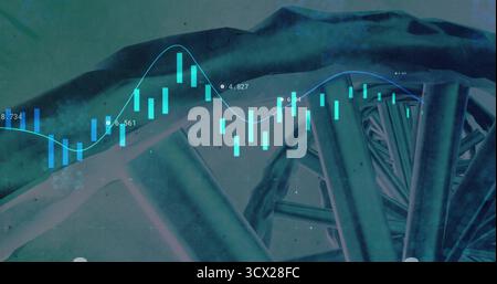 Circulating double-helix structure displaying financial data in teal space with candlestick bars Stock Photo
