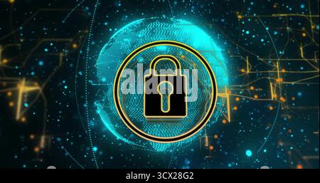Displaying padlock icon before glowing globe with gold circular frame, network nodes, circuit lines Stock Photo