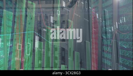 Displaying server racks showing financial charts and code with cables and lights in IT corridor Stock Photo