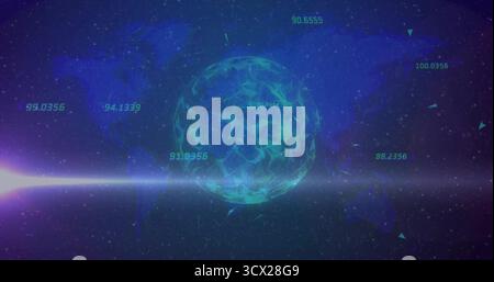 Displaying polygonal sphere rotating in space field with neon green numeric labels  and  light flare Stock Photo