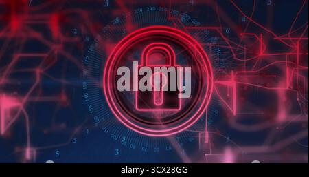 Hovering neon pink padlock icon guarding virtual network, with dial ring markings and data paths Stock Photo