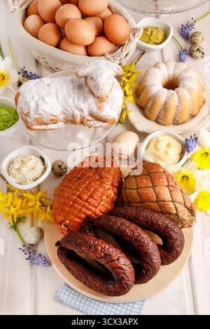 Smoked ham and sausage. Festive dish Stock Photo