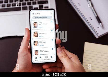Man using social media messenger app. Online communicator concept Stock Photo