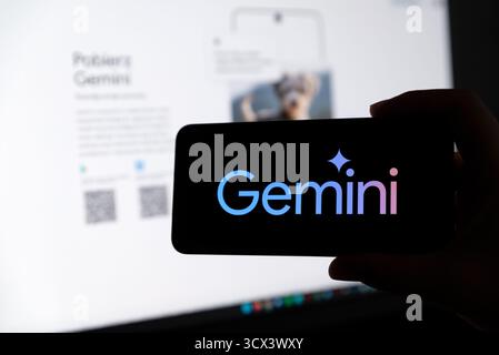 Wroclaw, Poland - OCT 12, 2025: Google Gemini platform logo on smartphone. Google Gemini is one of the most popular AI platform Stock Photo