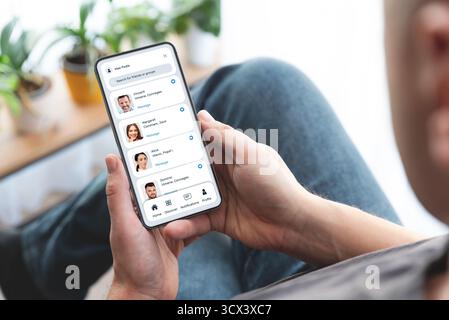 Man using social media messenger app. Online communicator concept Stock Photo