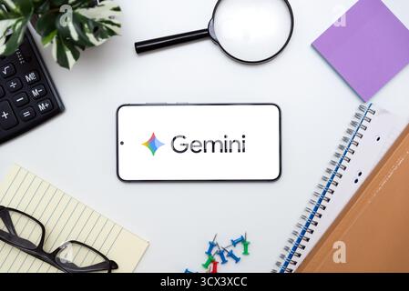 Wroclaw, Poland - OCT 12, 2025: Google Gemini platform logo on smartphone. Google Gemini is one of the most popular AI platform Stock Photo