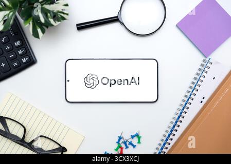 Wroclaw, Poland - OCT 12, 2025: OpenAI logo on smartphone. OpenAI is one of the most popular AI platform Stock Photo