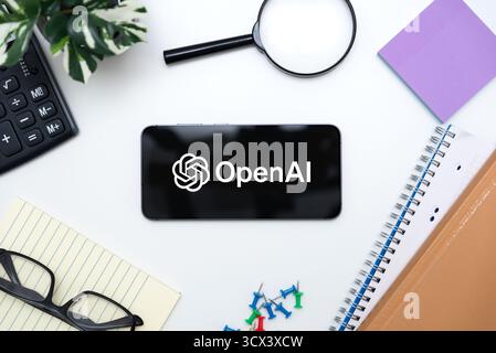 Wroclaw, Poland - OCT 12, 2025: OpenAI logo on smartphone. OpenAI is one of the most popular AI platform Stock Photo