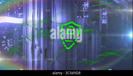 Projecting green shield icon protecting server racks and cables in data center with data streams Stock Photo
