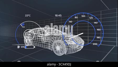 Displaying wireframe sedan model floating in digital grid chamber, with holographic gauges Stock Photo