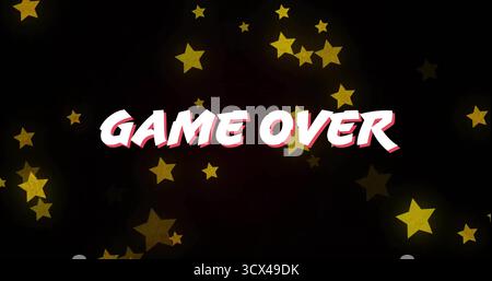Displaying stylized 'GAME OVER' text with red drop shadow on black game end-screen, with gold stars Stock Photo