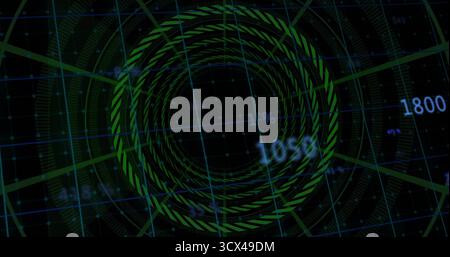 Displaying central green concentric interface on control screen with blue grid and numeric readouts Stock Photo