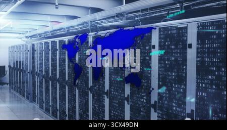 Extending glass-fronted server cabinets shining light in server room, with world map, code streams Stock Photo
