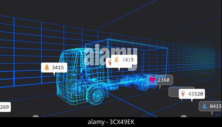 Rendering neon-blue wireframe box truck rotating in dark 3D grid studio, with floating UI bubbles Stock Photo
