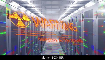 Displaying orange hologram warning overlay between server racks in corridor, with blinking LEDs Stock Photo