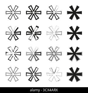 Asterisk icon set. Bold star variations. Geometric shapes Vector. Black outline emblem. EPS 10. Stock Vector