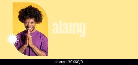Joyful Man Expresses Gratitude in Vibrant Yellow Background Conversation Stock Photo
