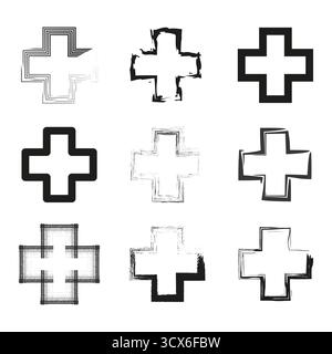 Black cross symbols. Plus sign icons. First aid emblem. Vector medical illustration. EPS 10. Stock Vector