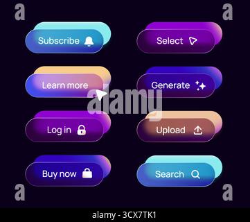 Set of buttons in glassmorphism style. Trendy website or app interface designs with icons and buttons with blur effect. 3D vector illustration Stock Vector