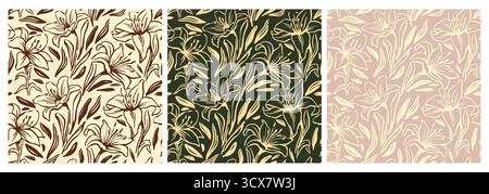Set of seamless floral patterns. Repeating botanical ornament with blooming flowers, leaves and plants. Design elements for printing. Hand drawn Stock Vector