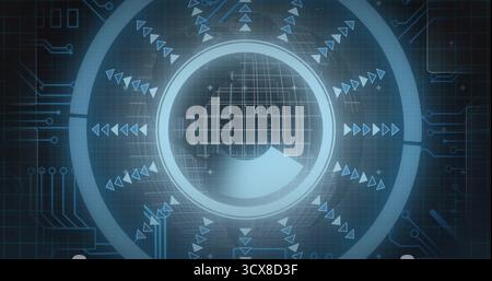 Presenting neon-blue interface hovering on virtual control panel, with concentric rings and arrows Stock Photo