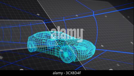 Displaying cyan wireframe sedan in 3D space, with 3D grid floor, curved walls, plus-shaped markers Stock Photo