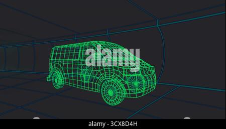 Rendering neon green wireframe passenger van gliding inside tunnel, featuring teal grid lines in 3D Stock Photo