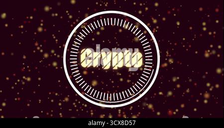 Featuring glowing Crypto text in white ring with tick marks on burgundy field, golden particles Stock Photo