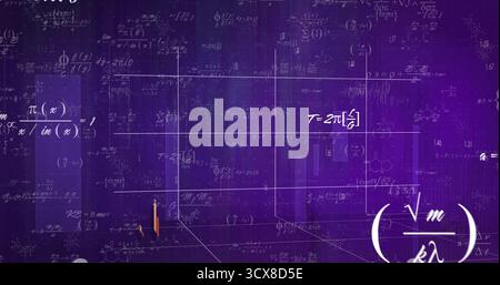 Displaying purple graphic showing receding 3D grid in virtual space, with formulas and bar chart Stock Photo