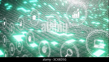 Streaming UI icons floating above neon green keyboard tile grid, showcasing bar chart laptop lock Stock Photo