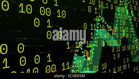 Showing binary and candlestick chart on finance dashboard, with green bars, red markers, copy space Stock Photo