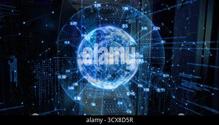 Floating sphere projecting data points numeric overlays and network lines in server room Stock Photo