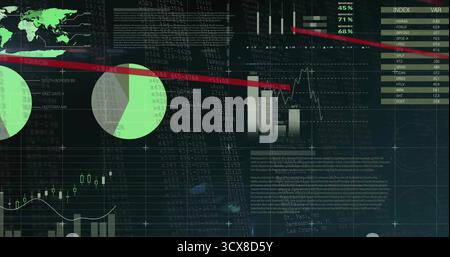 Dashboard displaying charts in trading interface, with world map, pie charts, trend line and index Stock Photo