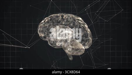Floating wireframe brain model glowing against dark grid backdrop, with network lines and nodes Stock Photo