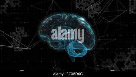 Floating 3D wireframe brain model showing neural links over grid, with pink nodes and white lines Stock Photo