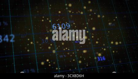 Displaying blue grid showing floating glowing yellow particles in data space, with numeric overlays Stock Photo