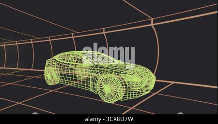 Displaying neon green 3D wireframe SUV rotating inside futuristic tunnel, with orange grid lines Stock Photo