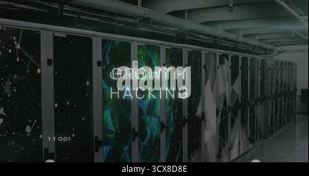 Showing server cabinets featuring stylized GROWTH HACKING overlay in data center, with code 11001 Stock Photo