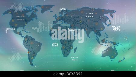 Displaying world map showing hexagonal grid clusters, data icons, dotted lines at virtual interface Stock Photo