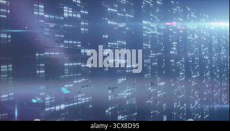 Streaming glowing rectangular data segments floating in 3D space, with horizontal light streaks Stock Photo