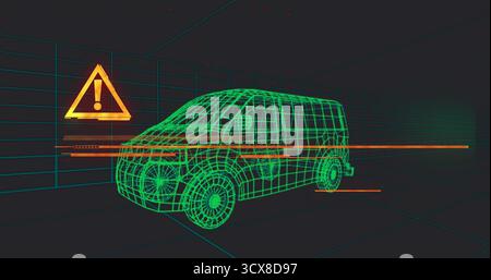 Displaying green wireframe van model in CAD grid chamber with orange warning icon and scanning bars Stock Photo