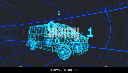 Rotating neon-blue wireframe van model hovering in grid tunnel, with floating numeric 1 markers Stock Photo