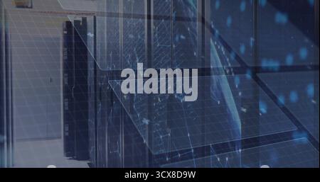 Displaying server racks with LED lights in data center corridor, with holographic grid, copy space Stock Photo
