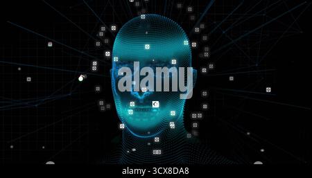 Displaying 3D wireframe head radiating data in cyberspace, with camera-icon squares, glowing lines Stock Photo