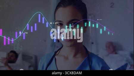 Smiling female nurse standing in shared patient room, with stethoscope smartphone clipboard charts Stock Photo