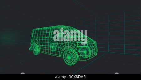 Displaying neon green wireframe van model in 3D modeling workspace, with teal grid lines Stock Photo