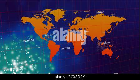Orange world map displaying glowing points in dashboard, with red gridlines and numeric labels Stock Photo